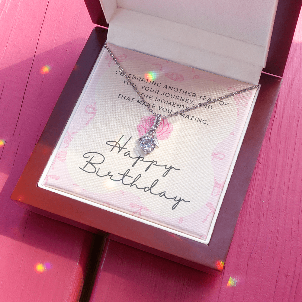 Pink Coquette Birthday Necklace Card | Feminine CZ Pendant Gift | Bow & Rose Birthday Jewelry | Made-to-Order