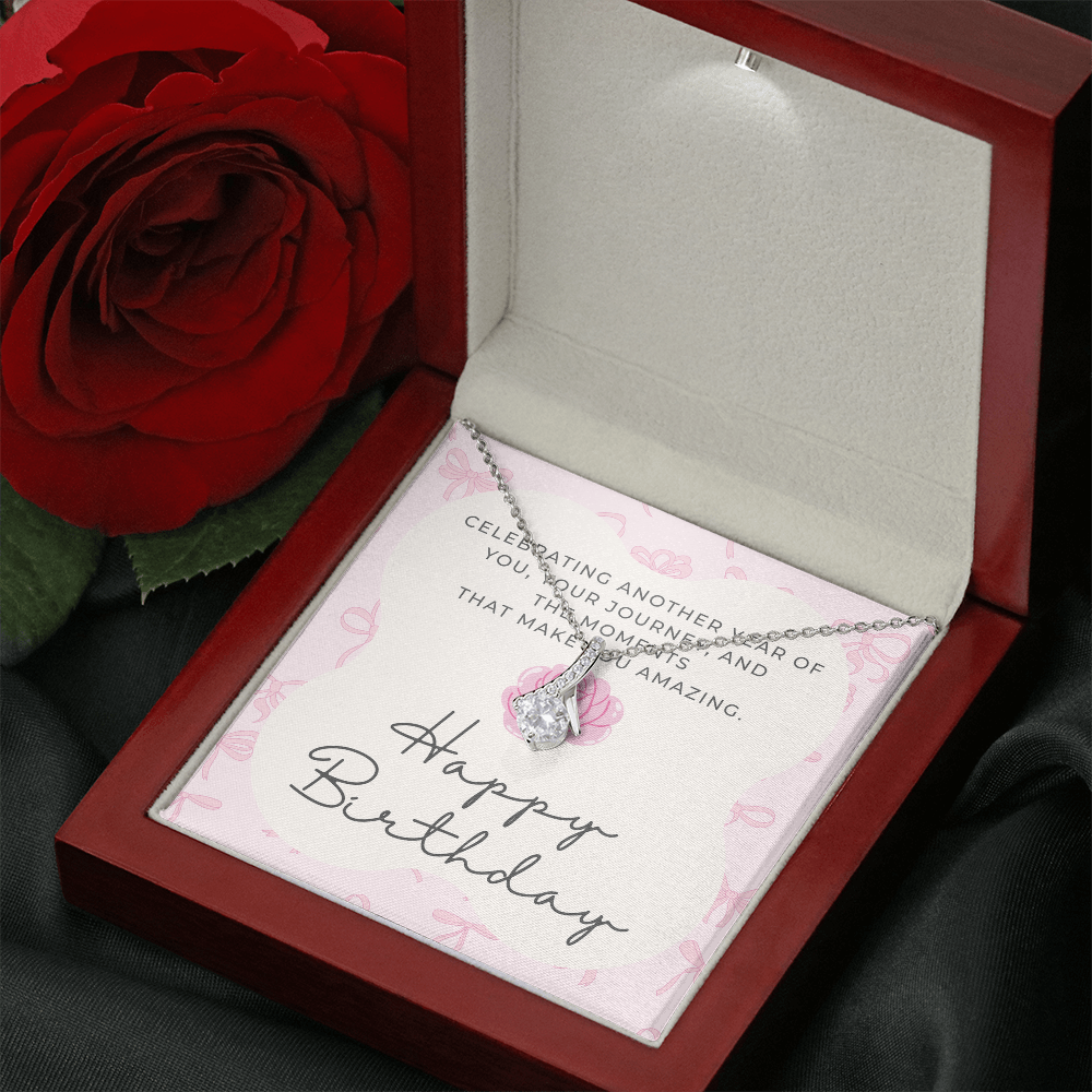 Pink Coquette Birthday Necklace Card | Feminine CZ Pendant Gift | Bow & Rose Birthday Jewelry | Made-to-Order