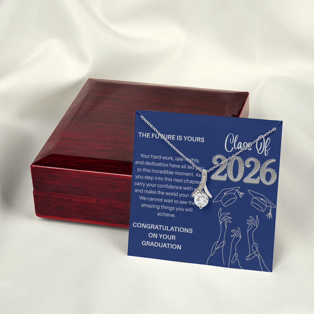 Class of 2026 Graduation Necklace for Her | Petite Ribbon Pendant & Inspirational Message Card | Charm & Dazzle