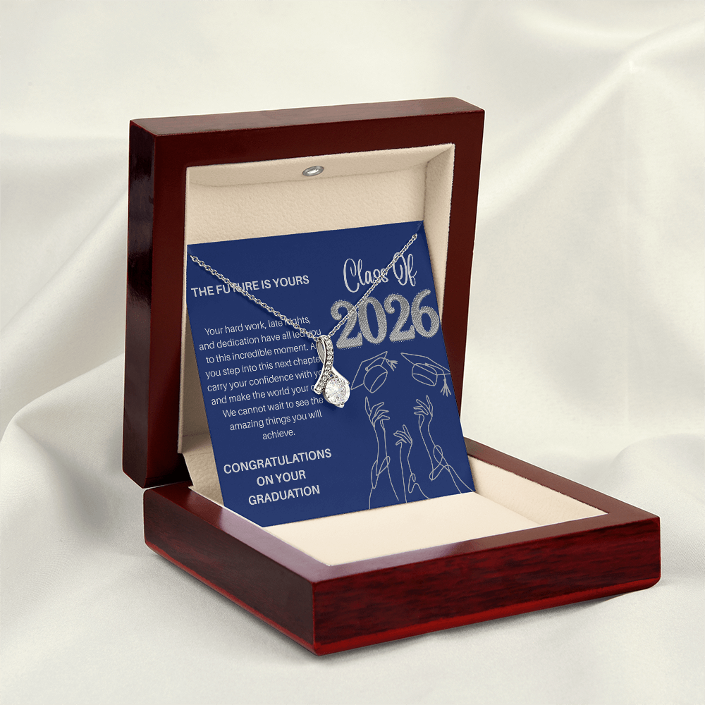 Class of 2026 Graduation Necklace for Her | Petite Ribbon Pendant & Inspirational Message Card | Charm & Dazzle