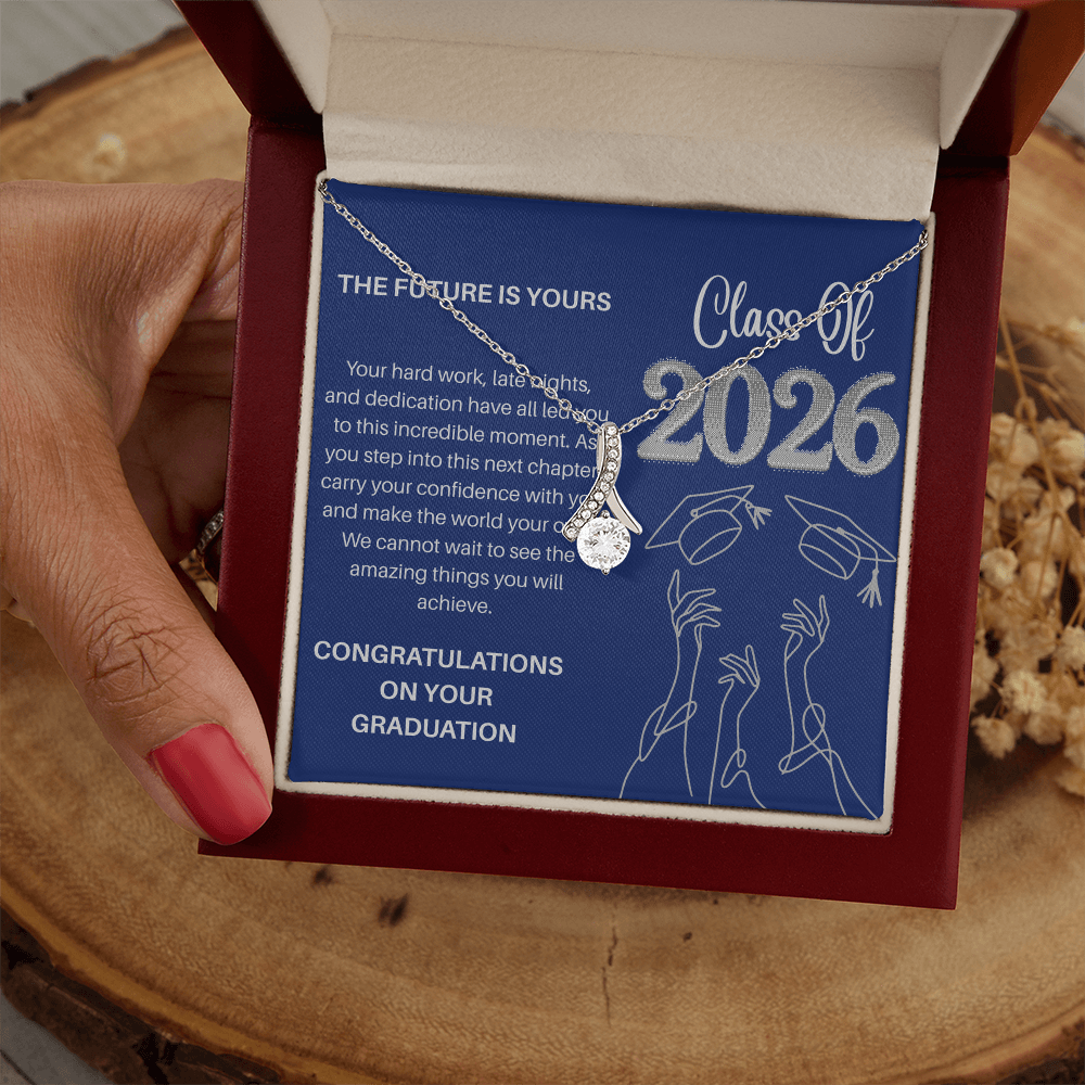 Class of 2026 Graduation Necklace for Her | Petite Ribbon Pendant & Inspirational Message Card | Charm & Dazzle