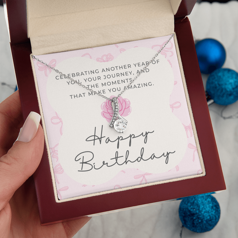 Pink Coquette Birthday Necklace Card | Feminine CZ Pendant Gift | Bow & Rose Birthday Jewelry | Made-to-Order