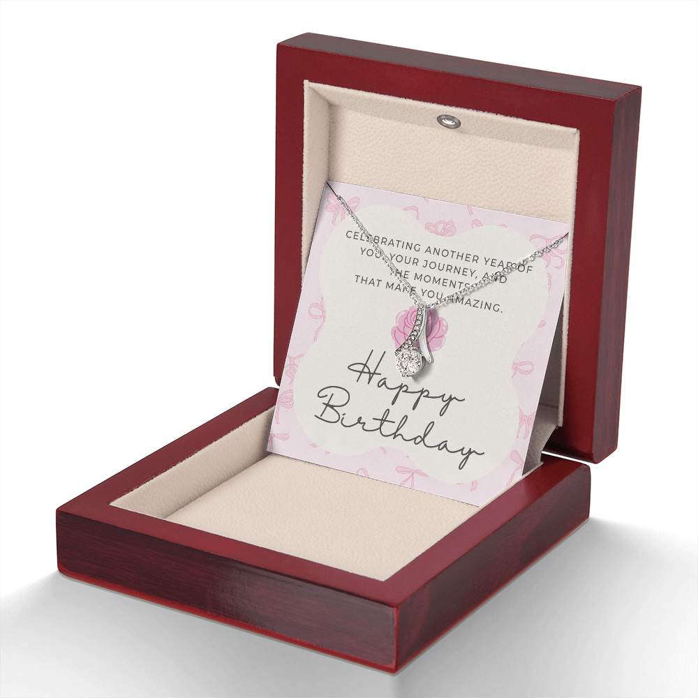 Pink Coquette Birthday Necklace Card | Feminine CZ Pendant Gift | Bow & Rose Birthday Jewelry | Made-to-Order