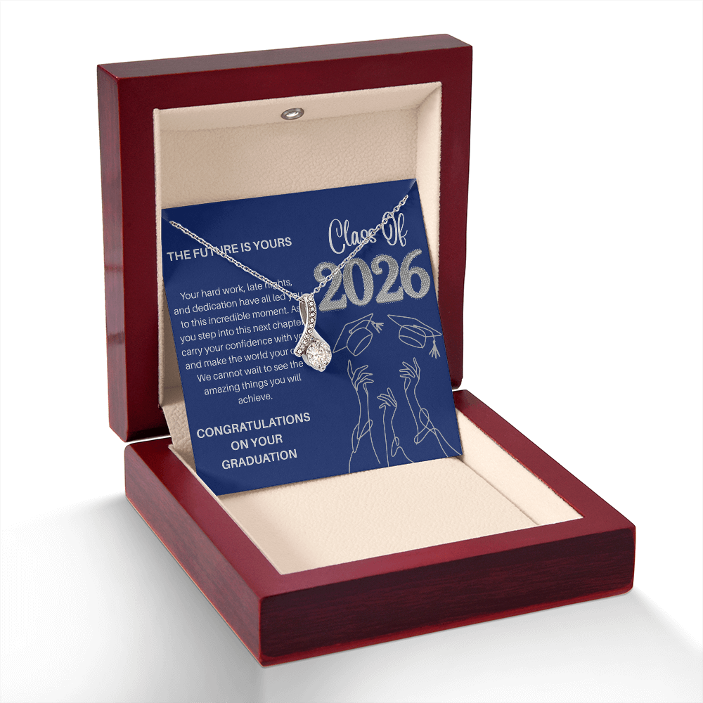 Class of 2026 Graduation Necklace for Her | Petite Ribbon Pendant & Inspirational Message Card | Charm & Dazzle