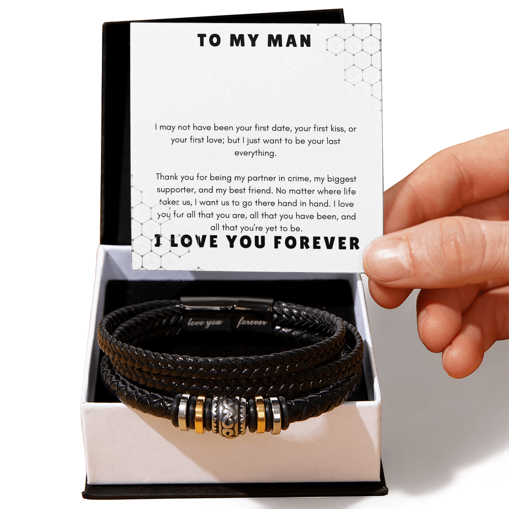 To My Man: "Last Everything" Message Card | Leather Bracelet Appreciation Gift Set by Charm & Dazzle