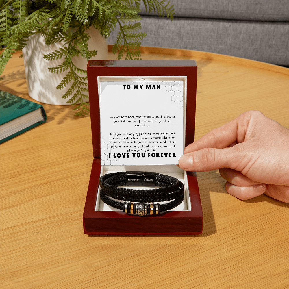 To My Man: "Last Everything" Message Card | Leather Bracelet Appreciation Gift Set by Charm & Dazzle