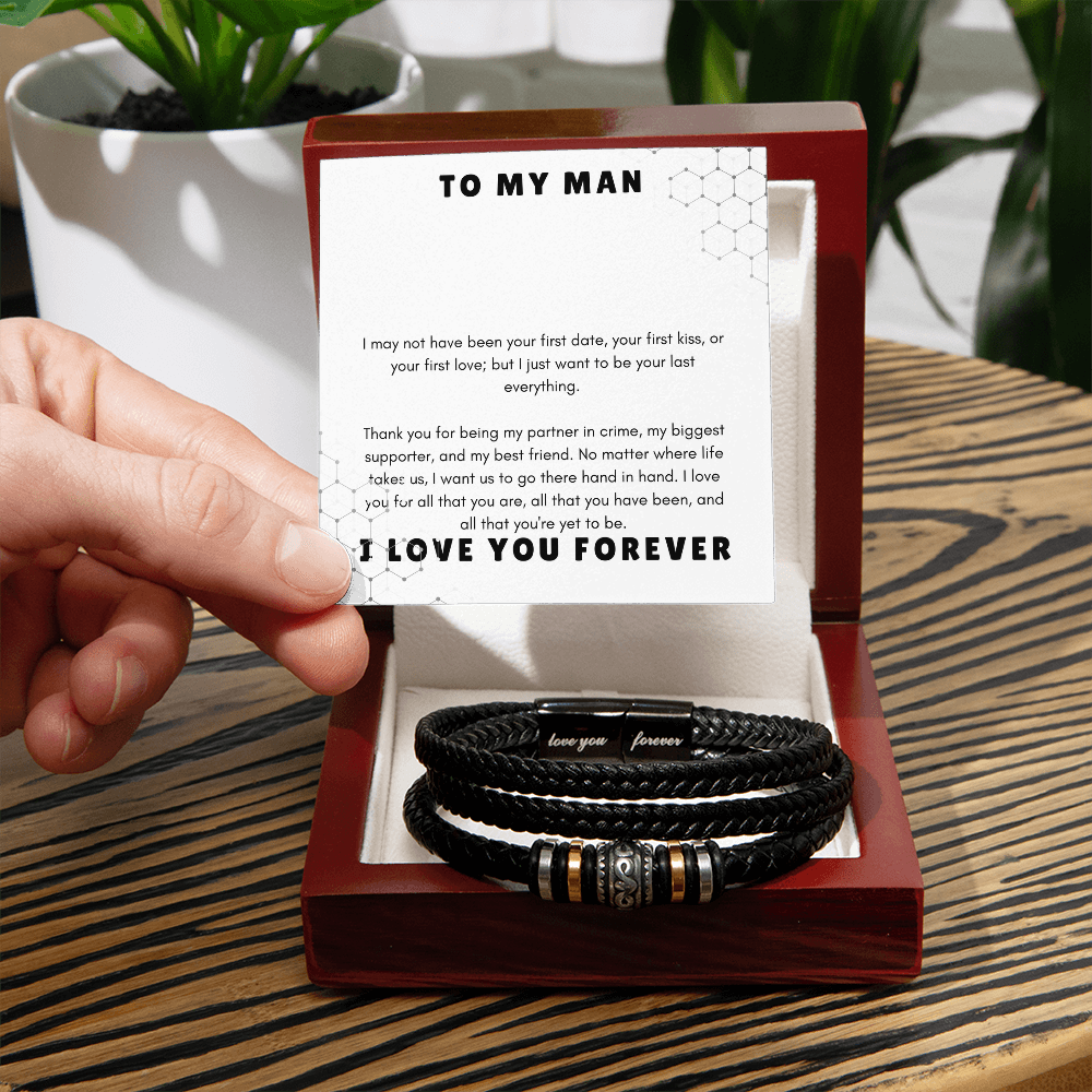 To My Man: "Last Everything" Message Card | Leather Bracelet Appreciation Gift Set by Charm & Dazzle