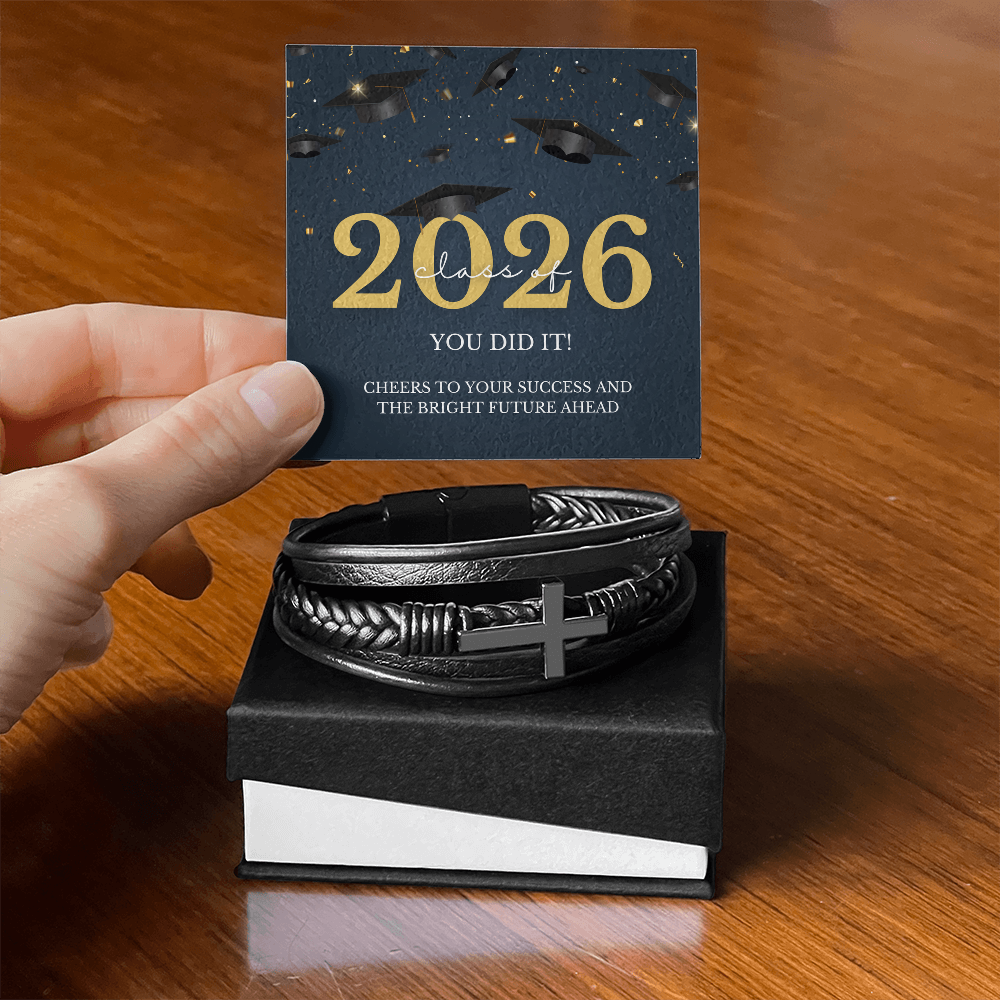 Class of 2026 Graduation Gift for Him | Men's Cross Leather Bracelet with Meaningful Message Card | Charm & Dazzle