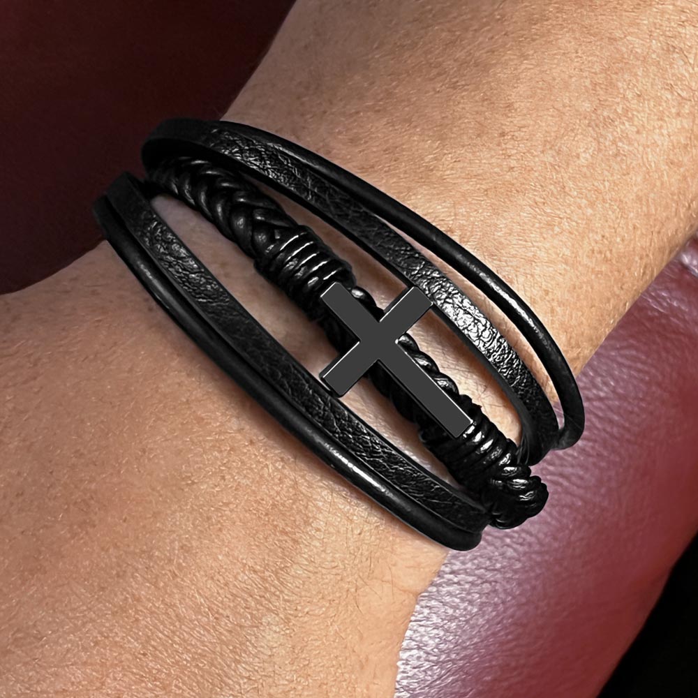 Class of 2026 Graduation Gift for Him | Men's Cross Leather Bracelet with Meaningful Message Card | Charm & Dazzle