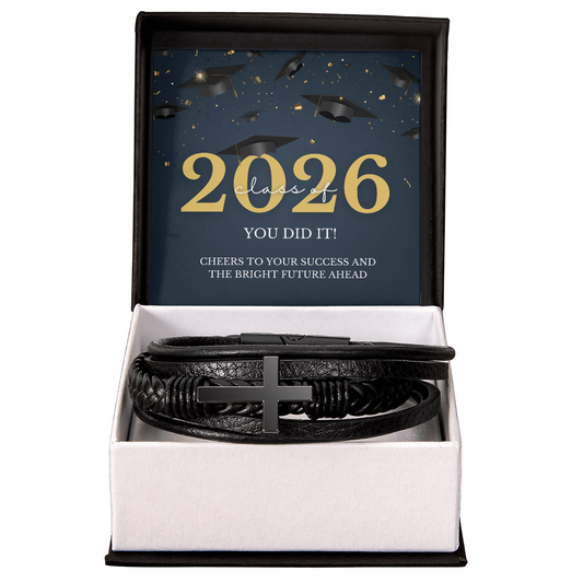 Class of 2026 Graduation Gift for Him | Men's Cross Leather Bracelet with Meaningful Message Card | Charm & Dazzle