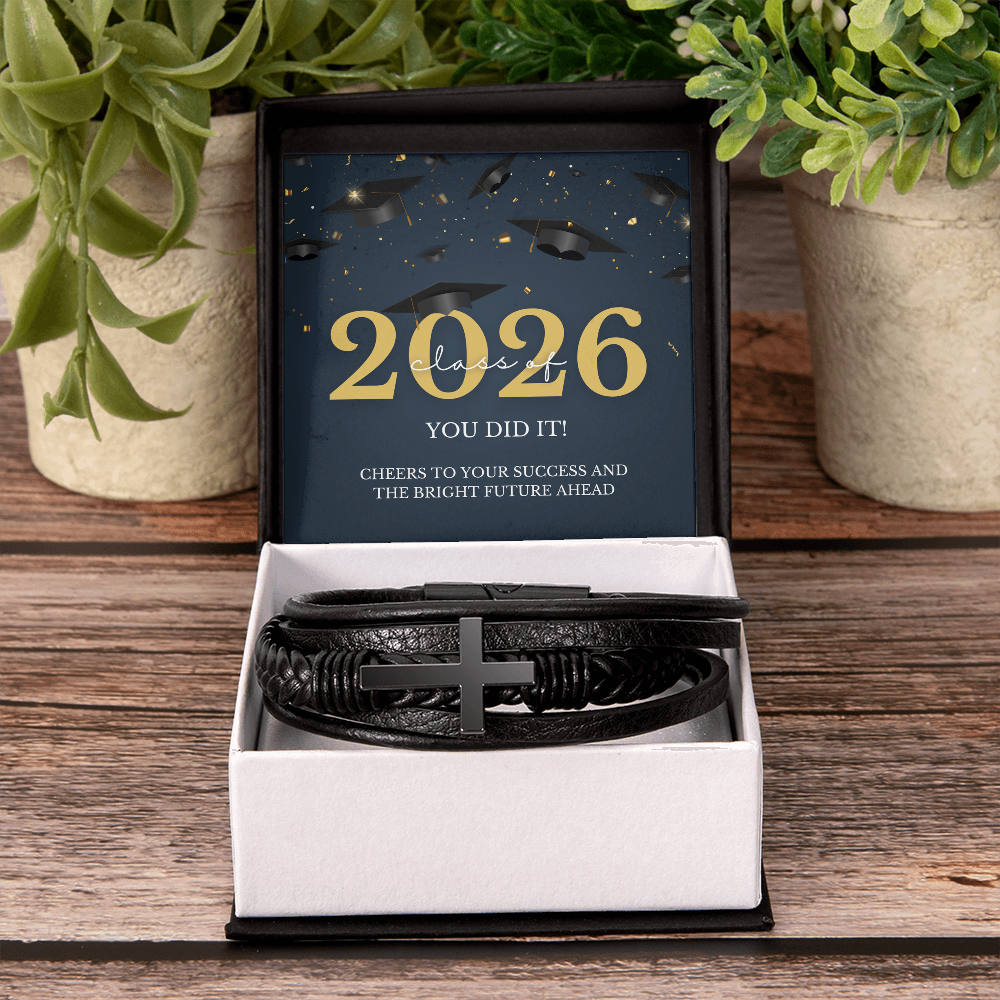 Class of 2026 Graduation Gift for Him | Men's Cross Leather Bracelet with Meaningful Message Card | Charm & Dazzle