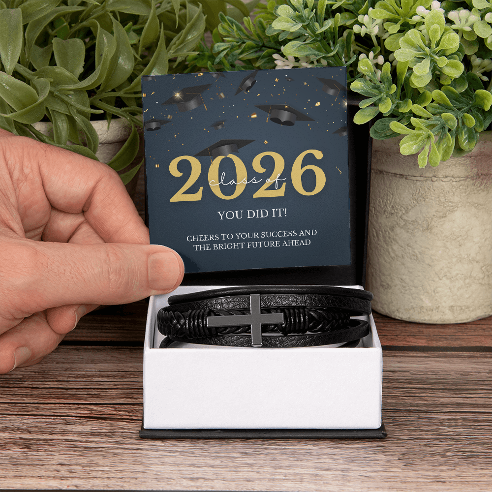 Class of 2026 Graduation Gift for Him | Men's Cross Leather Bracelet with Meaningful Message Card | Charm & Dazzle