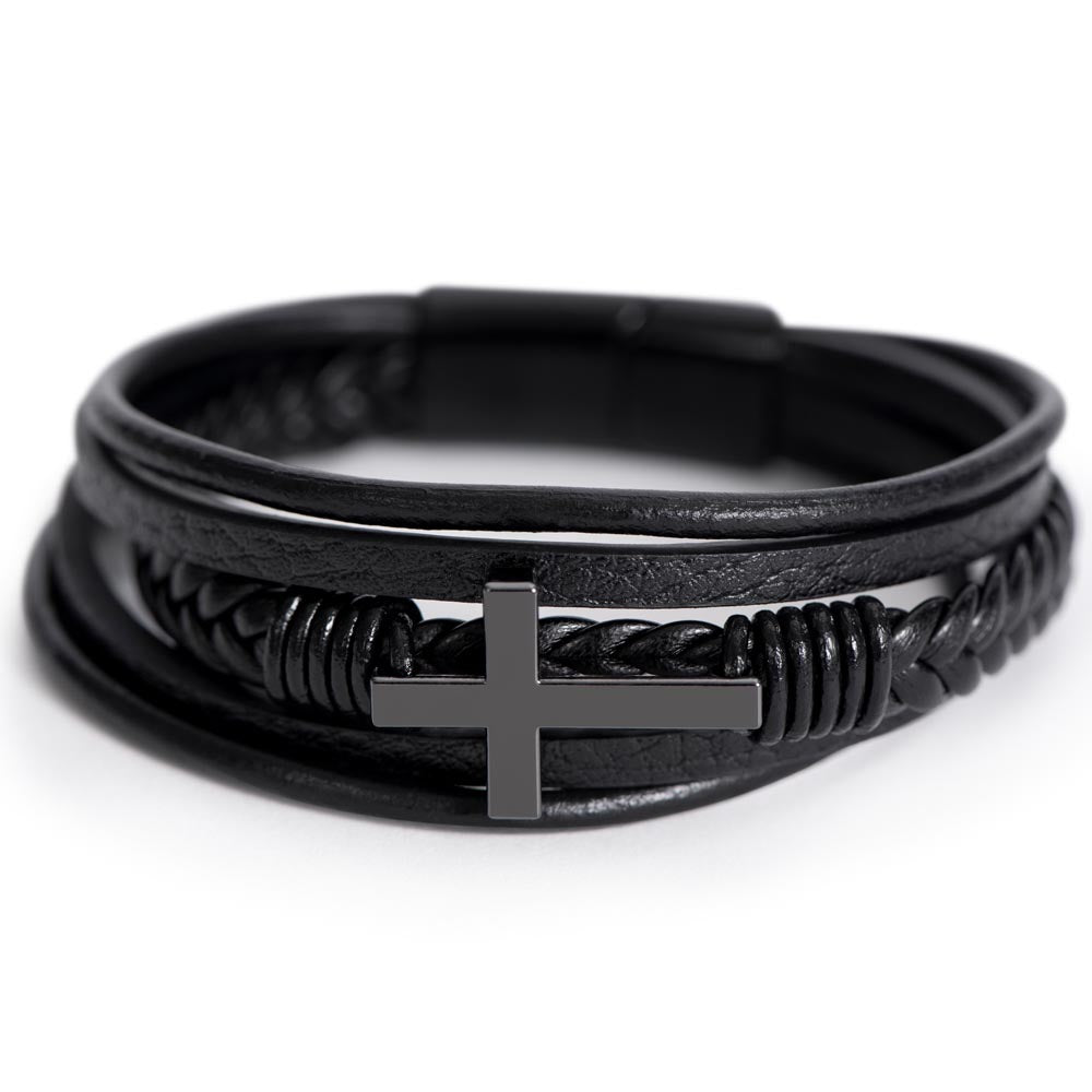 Class of 2026 Graduation Gift for Him | Men's Cross Leather Bracelet with Meaningful Message Card | Charm & Dazzle