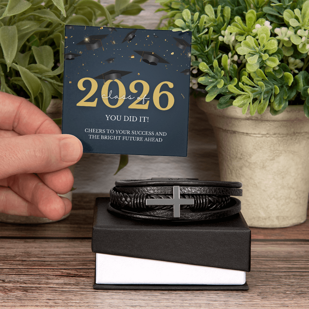 Class of 2026 Graduation Gift for Him | Men's Cross Leather Bracelet with Meaningful Message Card | Charm & Dazzle