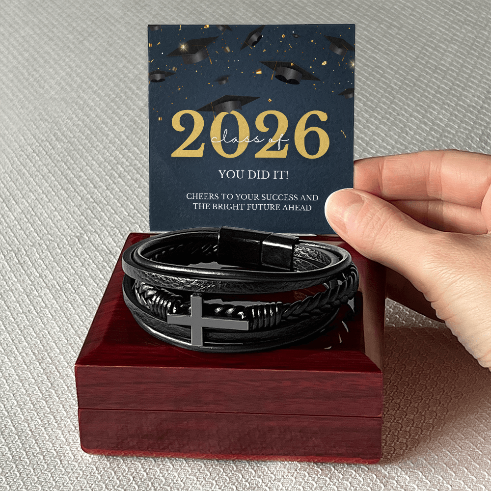 Class of 2026 Graduation Gift for Him | Men's Cross Leather Bracelet with Meaningful Message Card | Charm & Dazzle