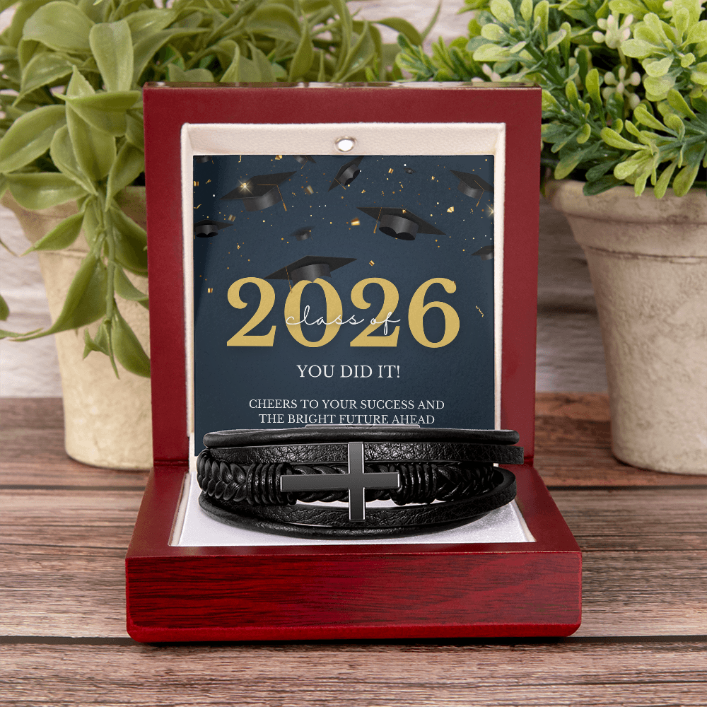 Class of 2026 Graduation Gift for Him | Men's Cross Leather Bracelet with Meaningful Message Card | Charm & Dazzle