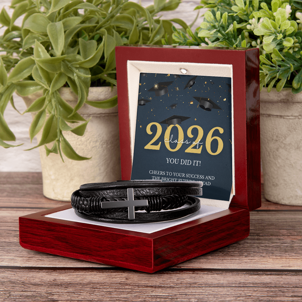 Class of 2026 Graduation Gift for Him | Men's Cross Leather Bracelet with Meaningful Message Card | Charm & Dazzle
