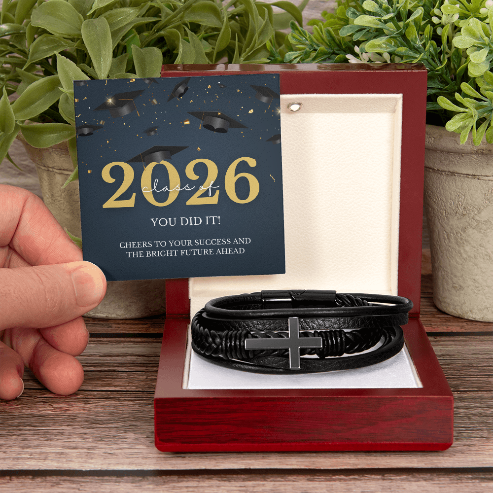 Class of 2026 Graduation Gift for Him | Men's Cross Leather Bracelet with Meaningful Message Card | Charm & Dazzle