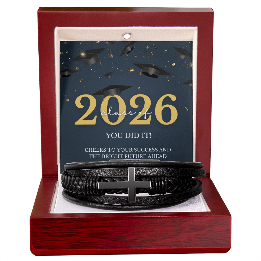Class of 2026 Graduation Gift for Him | Men's Cross Leather Bracelet with Meaningful Message Card | Charm & Dazzle