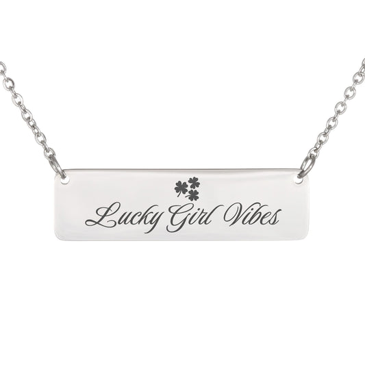 Charm & Dazzle Lucky Girl Vibes Clover Horizontal Engraved Bar Necklace