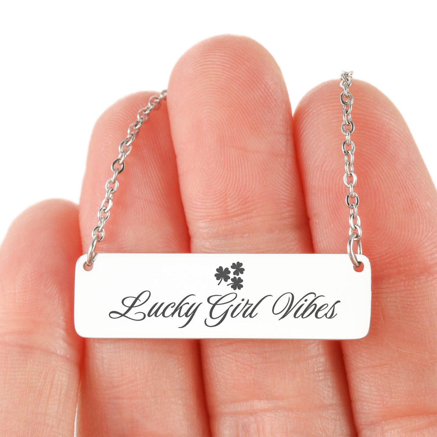 Charm & Dazzle Lucky Girl Vibes Clover Horizontal Engraved Bar Necklace