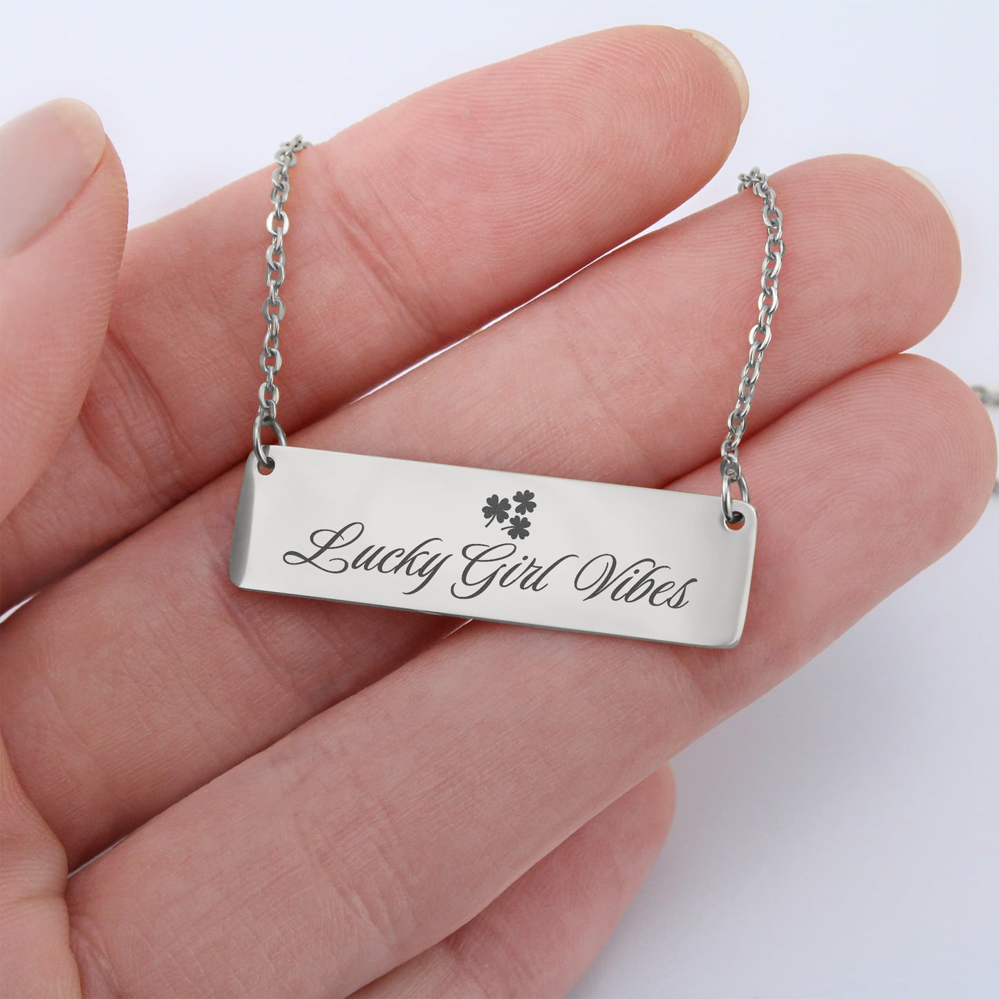 Charm & Dazzle Lucky Girl Vibes Clover Horizontal Engraved Bar Necklace