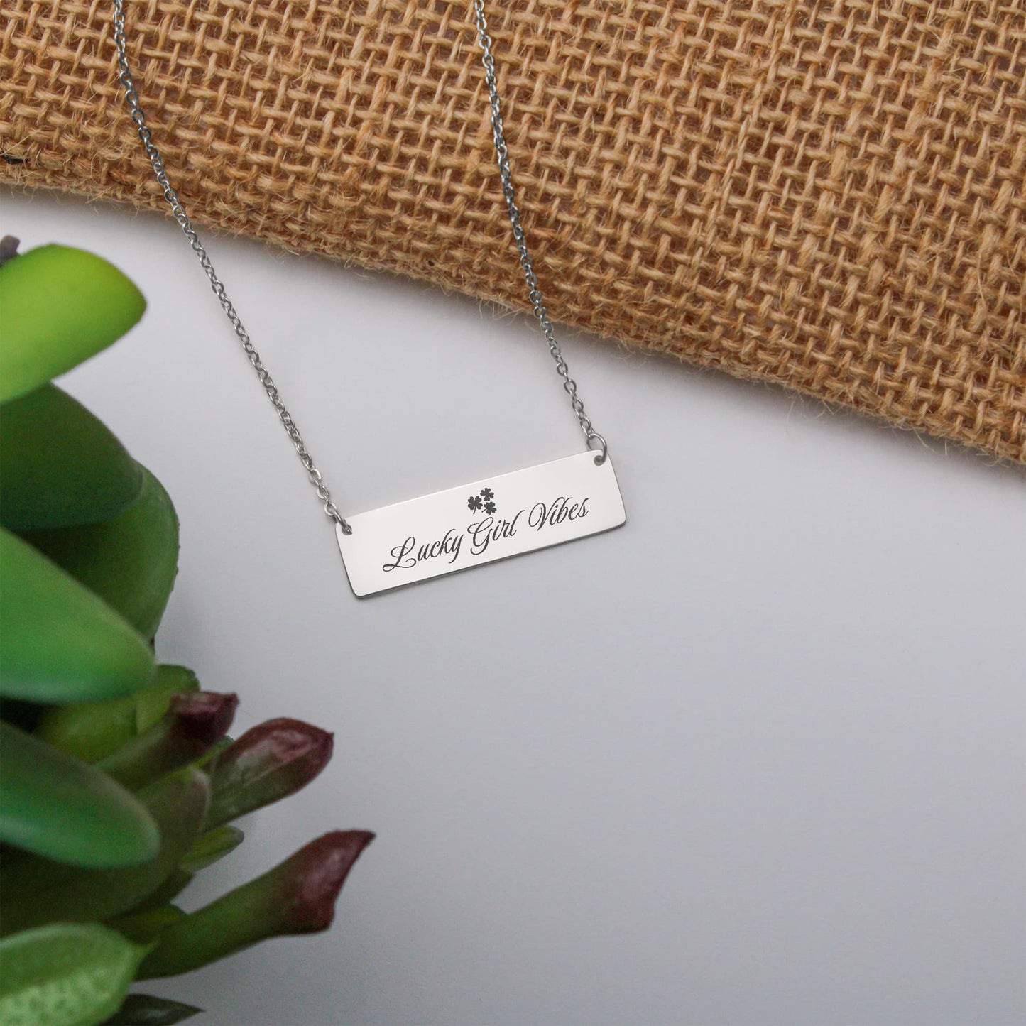 Charm & Dazzle Lucky Girl Vibes Clover Horizontal Engraved Bar Necklace
