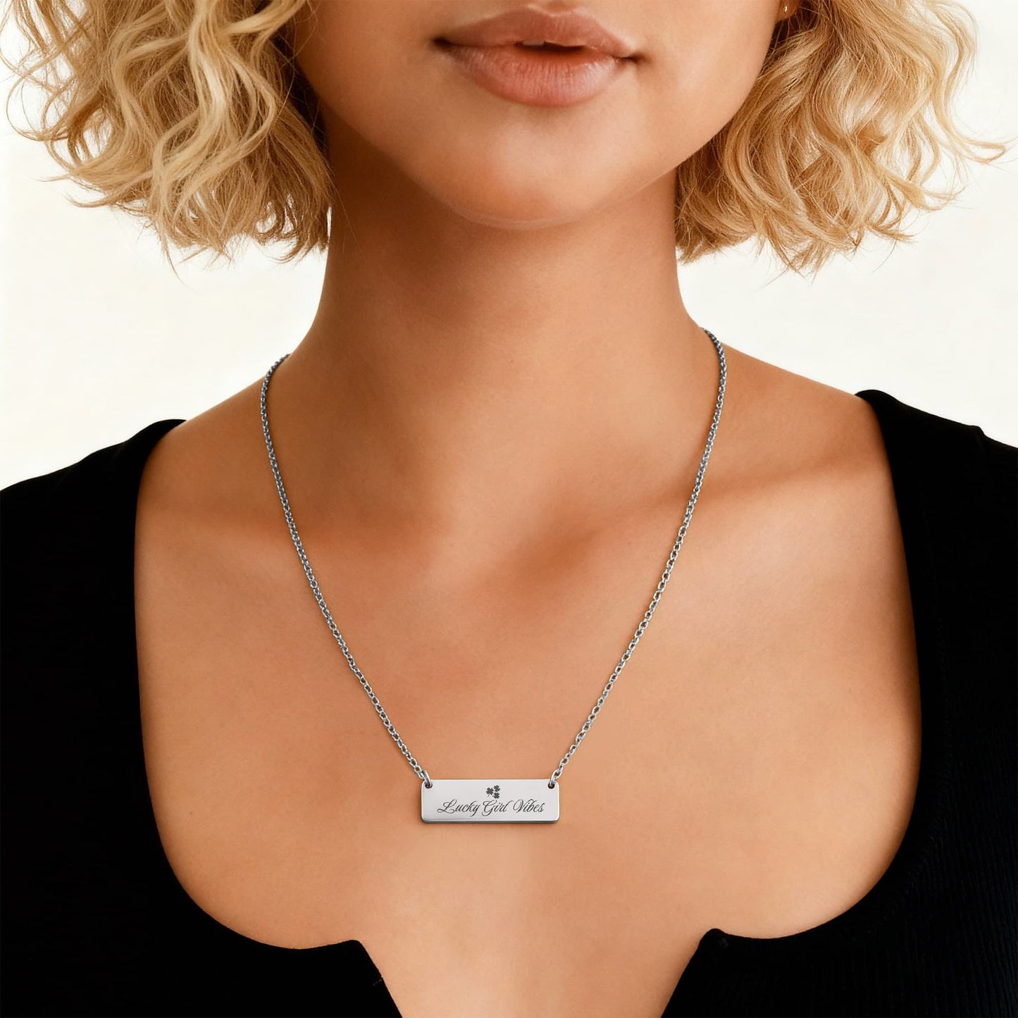 Charm & Dazzle Lucky Girl Vibes Clover Horizontal Engraved Bar Necklace