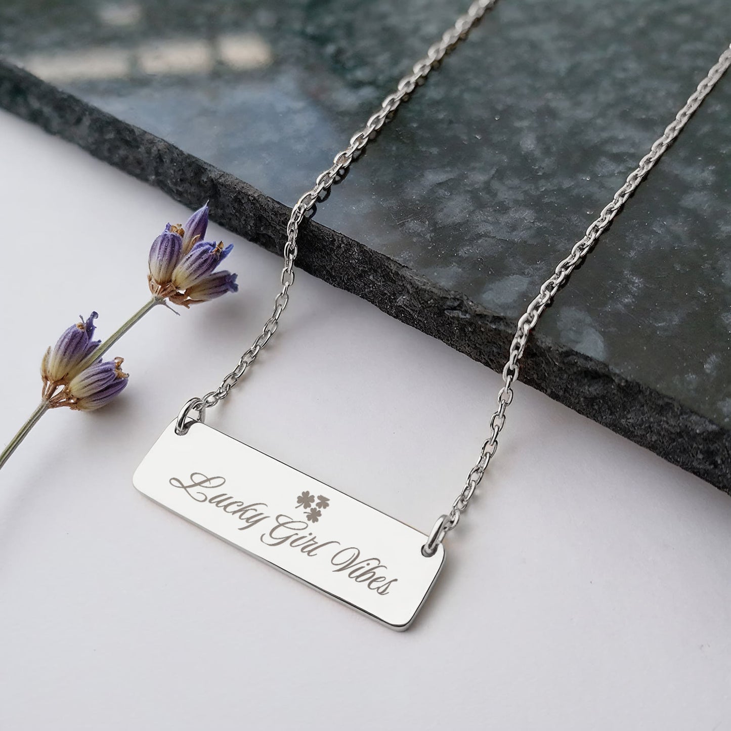 Charm & Dazzle Lucky Girl Vibes Clover Horizontal Engraved Bar Necklace