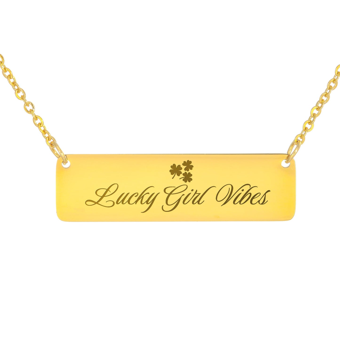 Charm & Dazzle Lucky Girl Vibes Clover Horizontal Engraved Bar Necklace