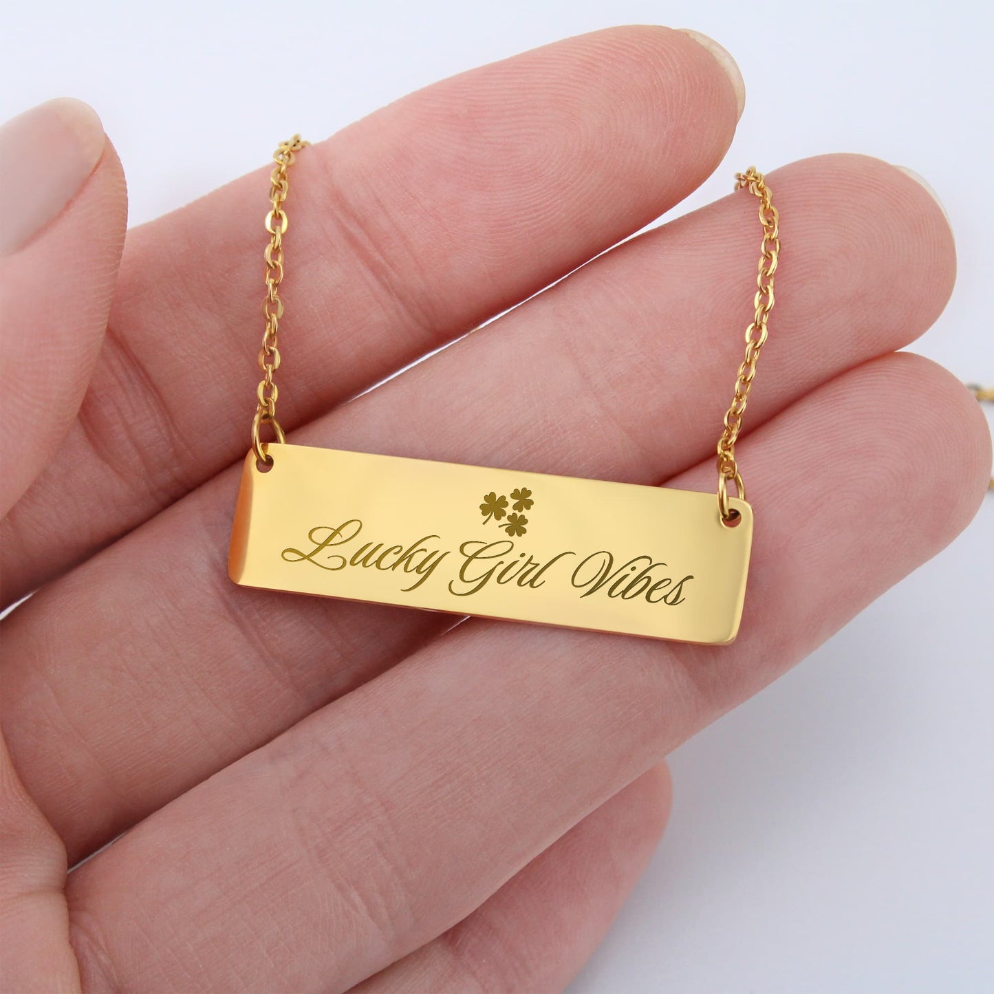 Charm & Dazzle Lucky Girl Vibes Clover Horizontal Engraved Bar Necklace