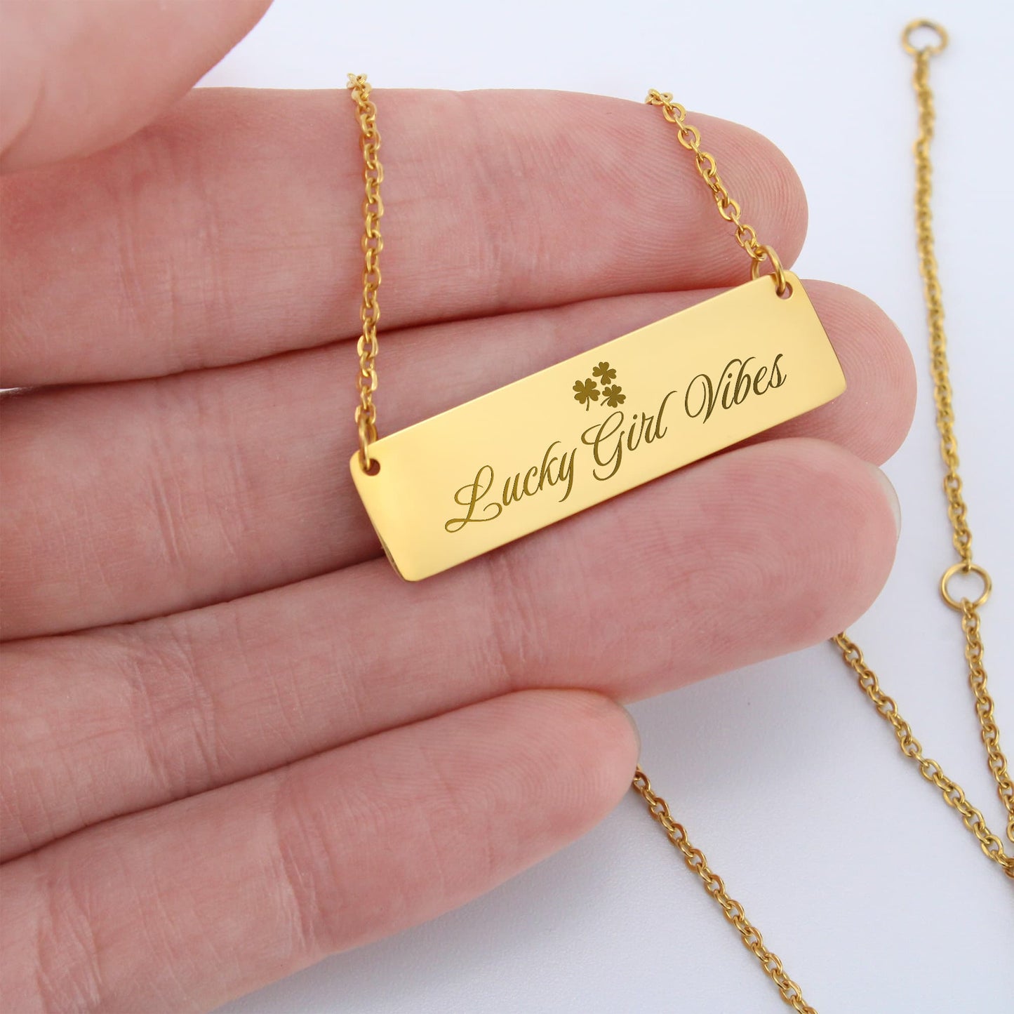Charm & Dazzle Lucky Girl Vibes Clover Horizontal Engraved Bar Necklace