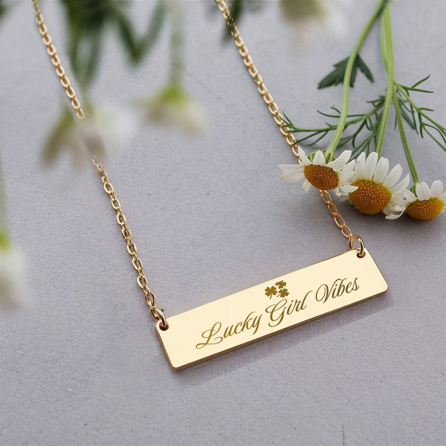 Charm & Dazzle Lucky Girl Vibes Clover Horizontal Engraved Bar Necklace