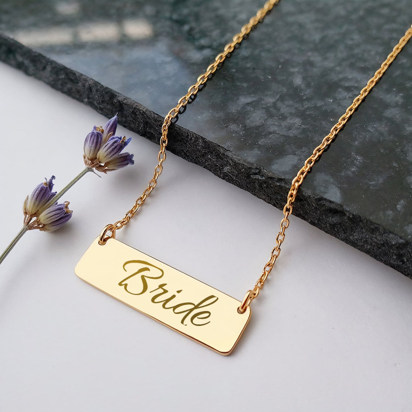 Bride Engraved Horizontal Bar Necklace by Charm & Dazzle