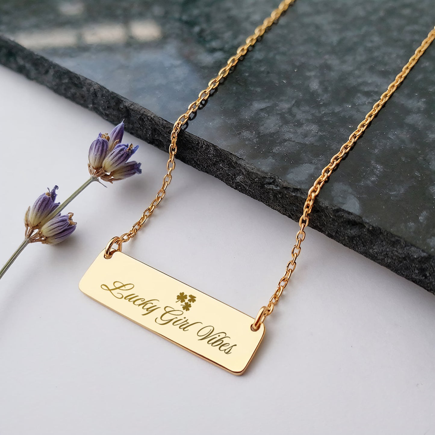 Charm & Dazzle Lucky Girl Vibes Clover Horizontal Engraved Bar Necklace