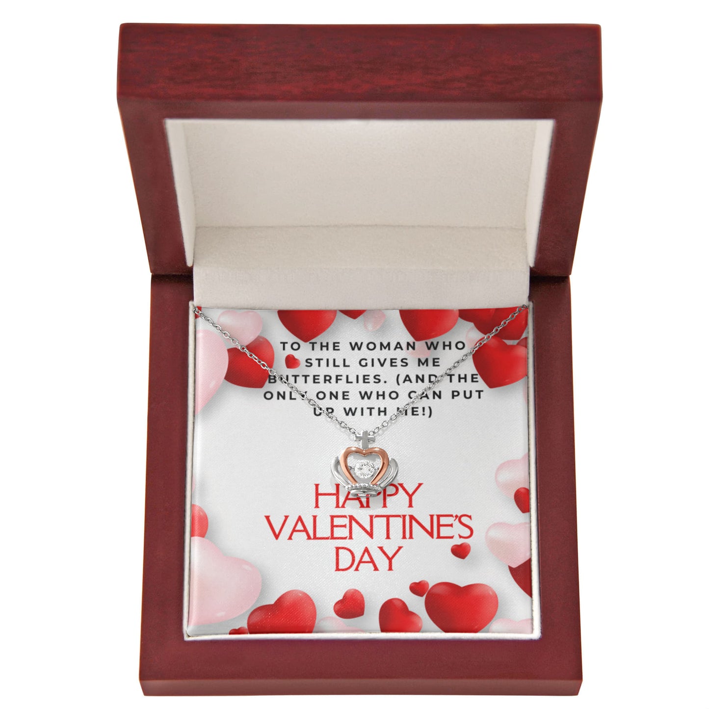 Still Giving Me Butterflies | Crown Pendant  Necklace | Message Card Jewelry Gift Box | Witty Valentine's Gift for Her
