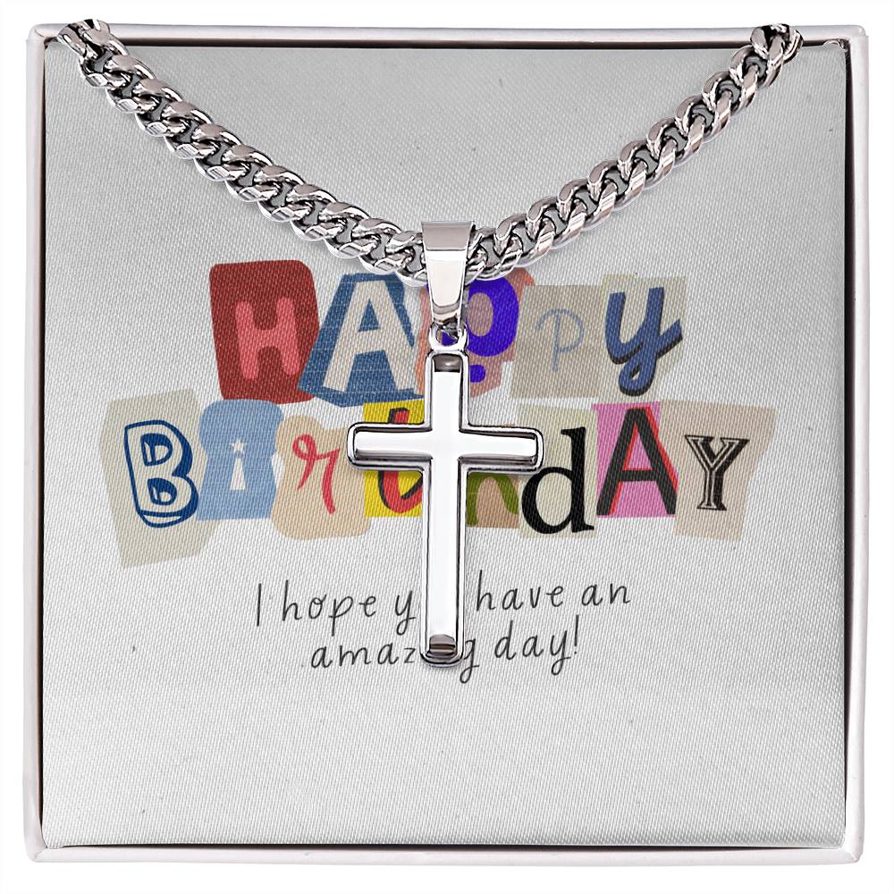 Happy Birthday Gift  | Cuban Link Chain with Artisan Cross | Card Message Jewelry Box