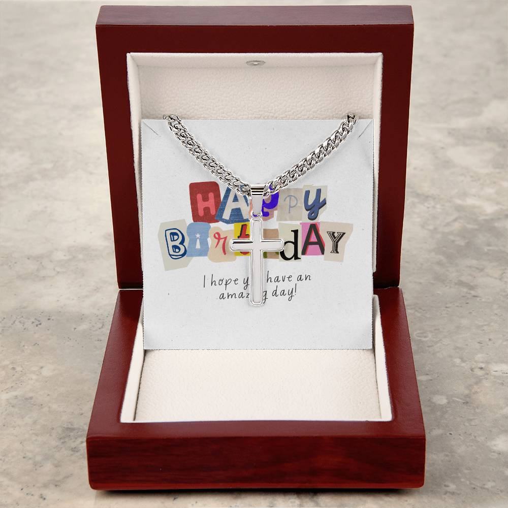 Happy Birthday Gift  | Cuban Link Chain with Artisan Cross | Card Message Jewelry Box