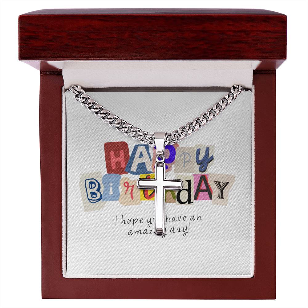 Happy Birthday Gift  | Cuban Link Chain with Artisan Cross | Card Message Jewelry Box
