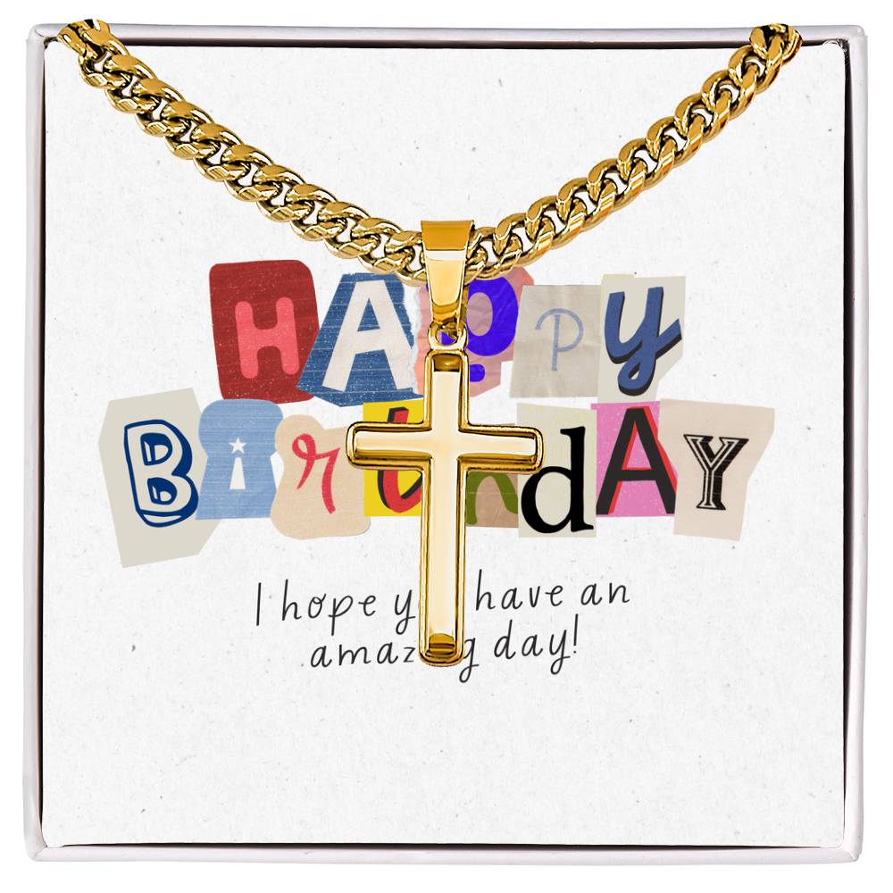 Happy Birthday Gift  | Cuban Link Chain with Artisan Cross | Card Message Jewelry Box