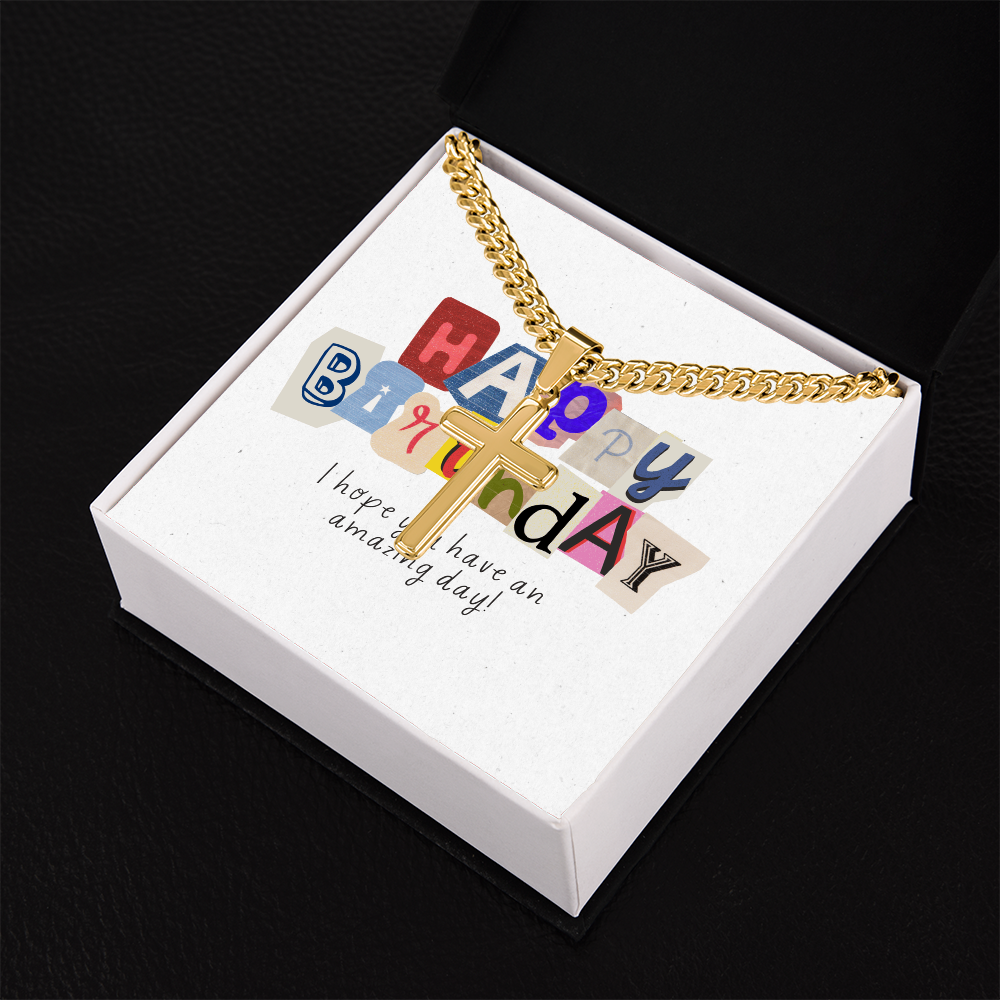 Happy Birthday Gift  | Cuban Link Chain with Artisan Cross | Card Message Jewelry Box