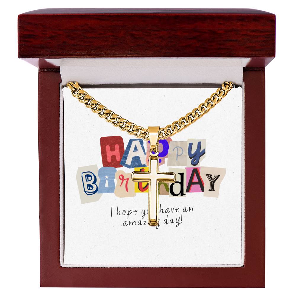 Happy Birthday Gift  | Cuban Link Chain with Artisan Cross | Card Message Jewelry Box