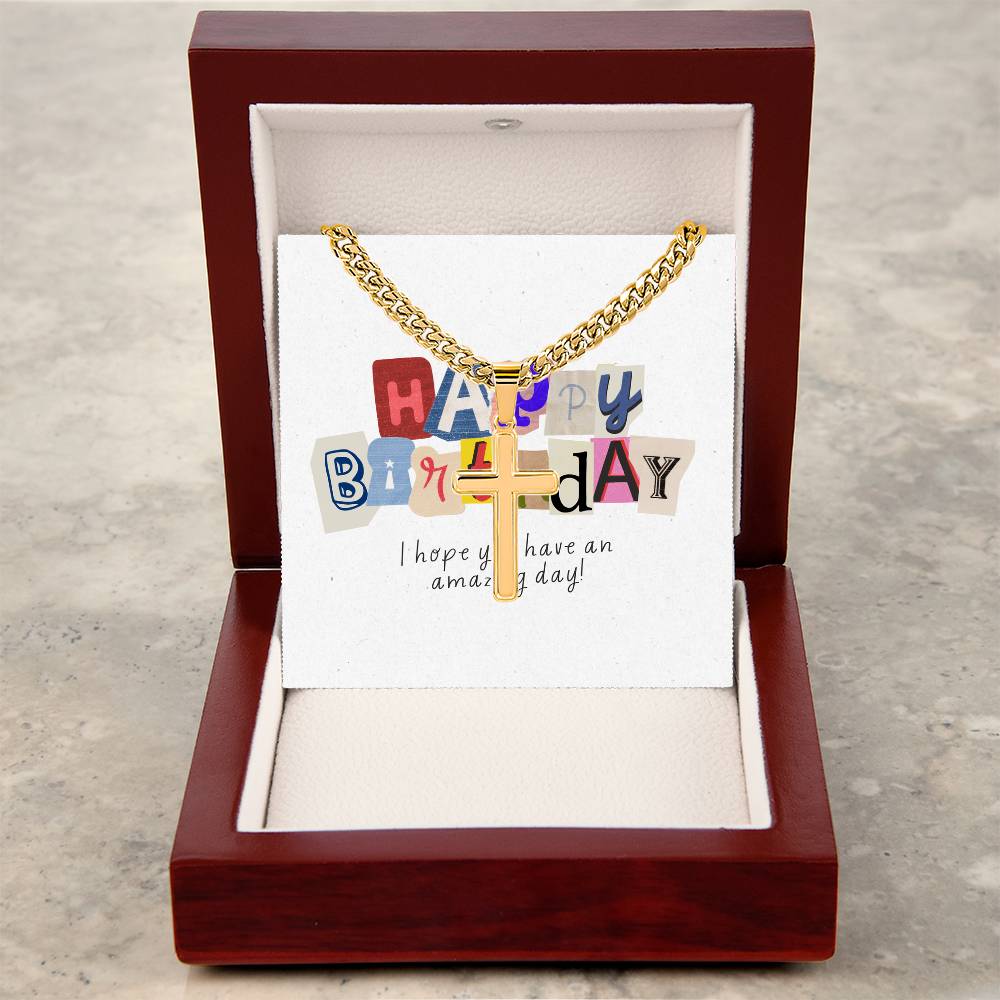 Happy Birthday Gift  | Cuban Link Chain with Artisan Cross | Card Message Jewelry Box
