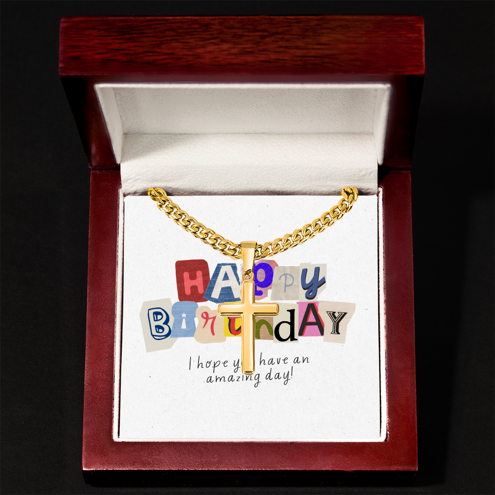 Happy Birthday Gift  | Cuban Link Chain with Artisan Cross | Card Message Jewelry Box