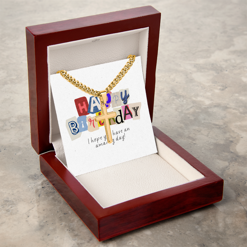 Happy Birthday Gift  | Cuban Link Chain with Artisan Cross | Card Message Jewelry Box