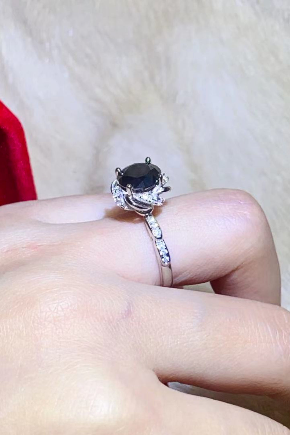 Ebony Blossom Moissanite Ring in Platinum Plated Silver