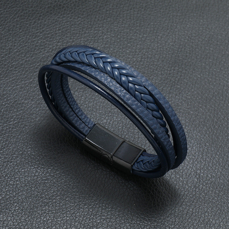 Multi Layer Leather Rope Bracelet with Magnetic Closure