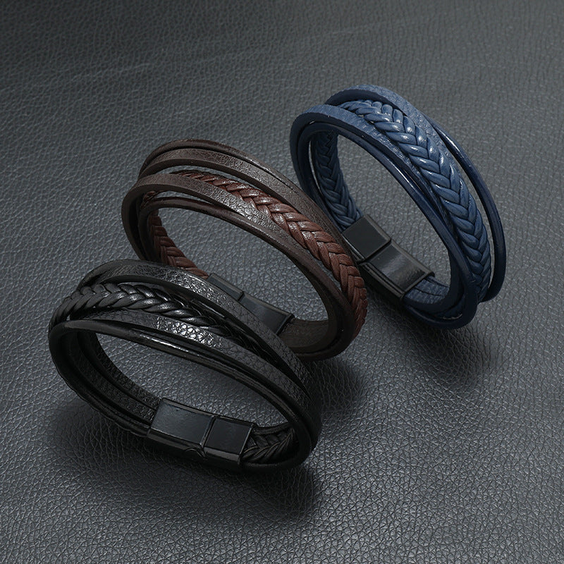 Multi Layer Leather Rope Bracelet with Magnetic Closure