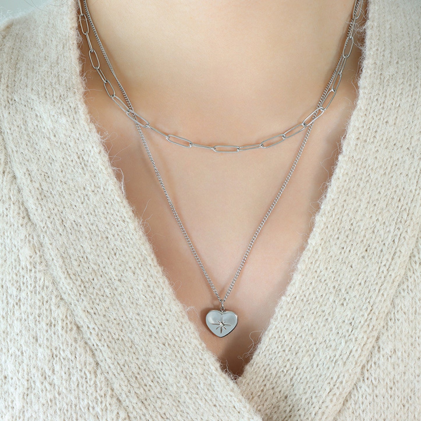 Double Layered Heart Charm Pendant Necklace