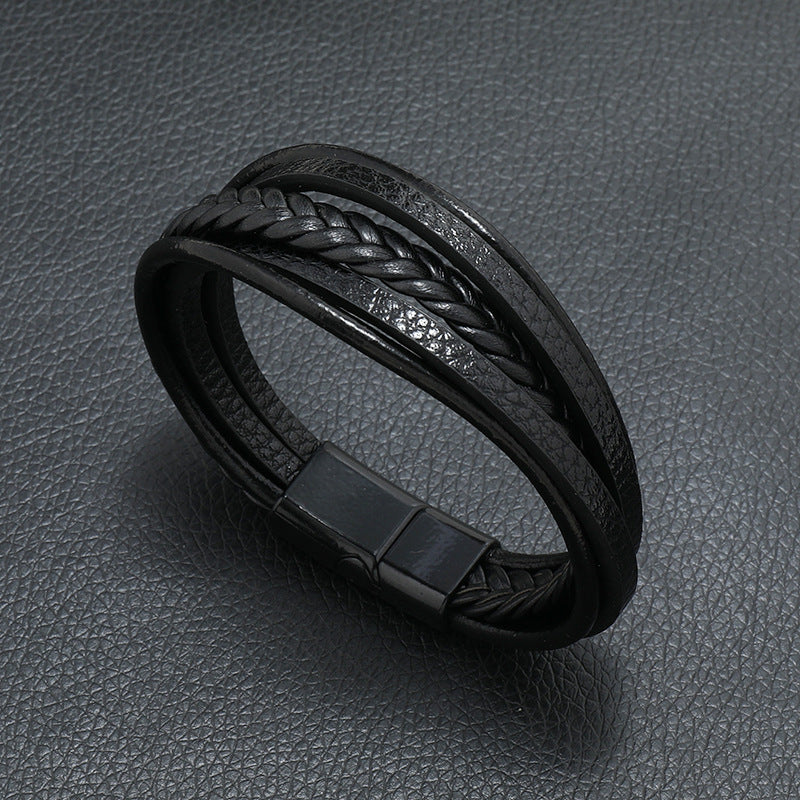 Multi Layer Leather Rope Bracelet with Magnetic Closure